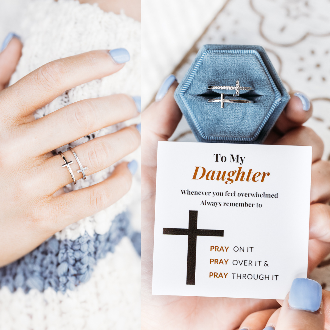 To My Daughter "Pray Through It" Twin Band Cross Ring